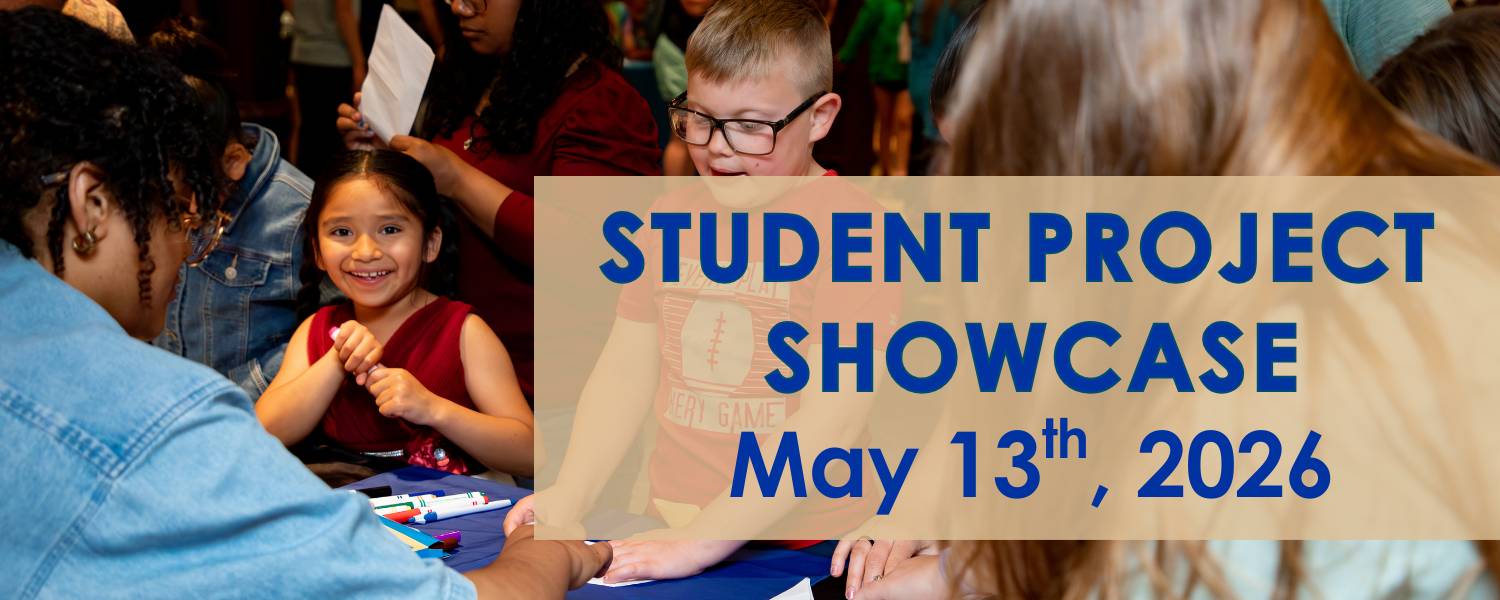 young students at a table with interactive science lesson supplies, smiling. Yellow rectangle on the right reads "Student Project Showcase May 13th, 2026"